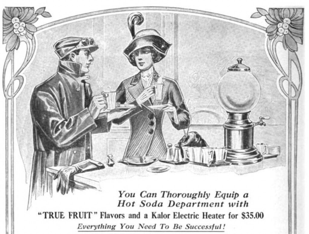 Black and white illustration of a stylish young man and woman consuming hot beverages at a hot soda fountain. A glass globe full of hot liquid is next to them. 