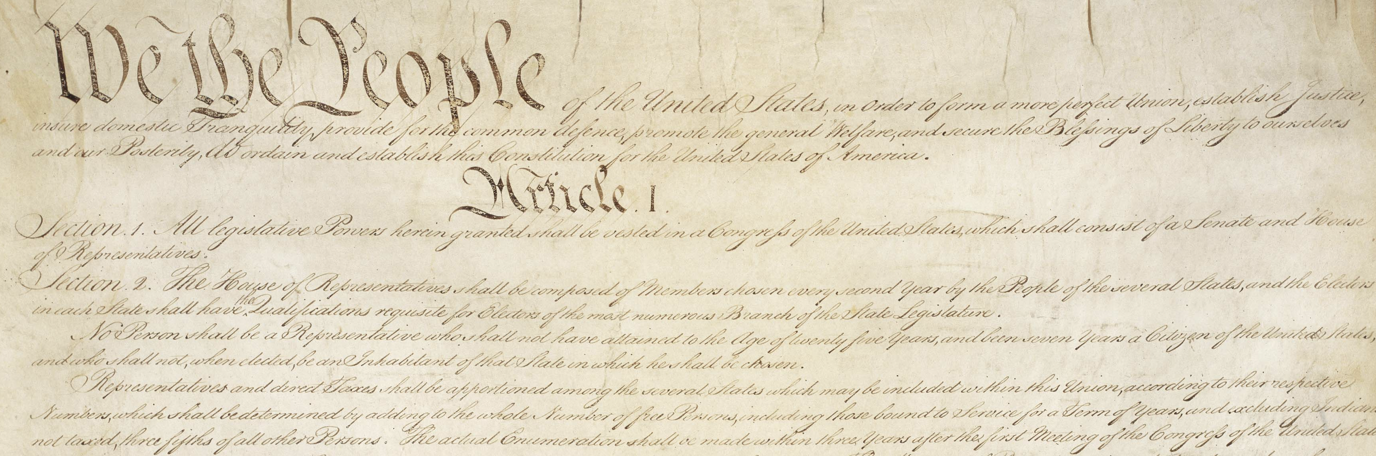 A photo of the preamble and part of Article I of the U.S. Constitution
